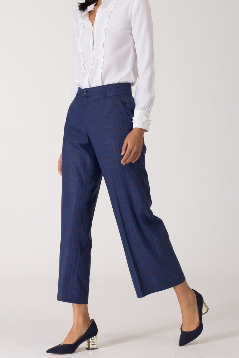 Blue wide leg formal pants and trousers for office. Shop online for culottes , trousers, and formal palazzo pants at www.intermod.in