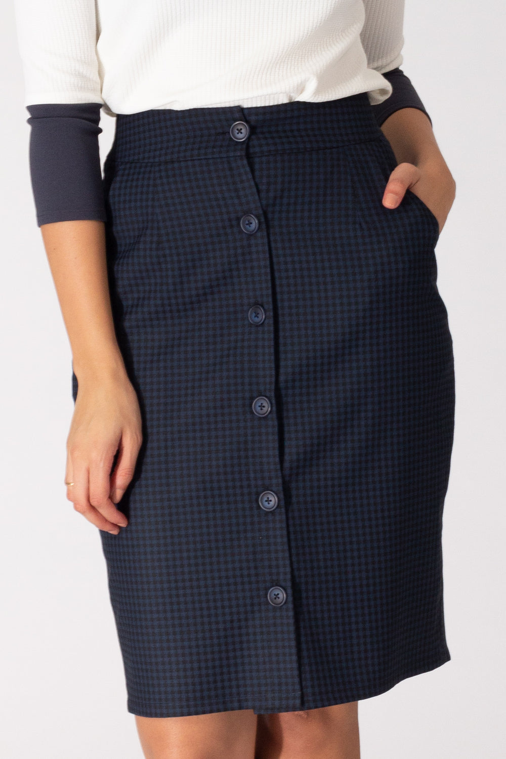Blue Houndstooth Button Down Skirt