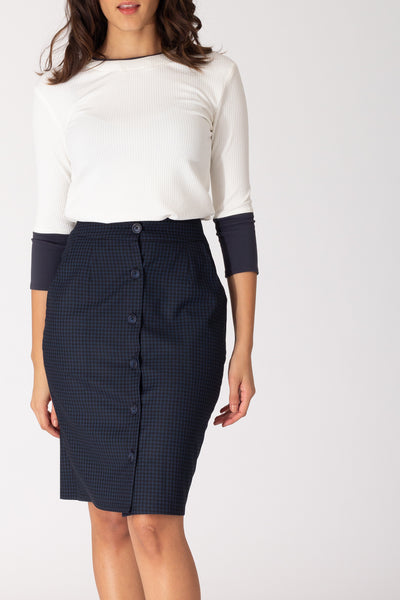 Blue Houndstooth Button Down Skirt