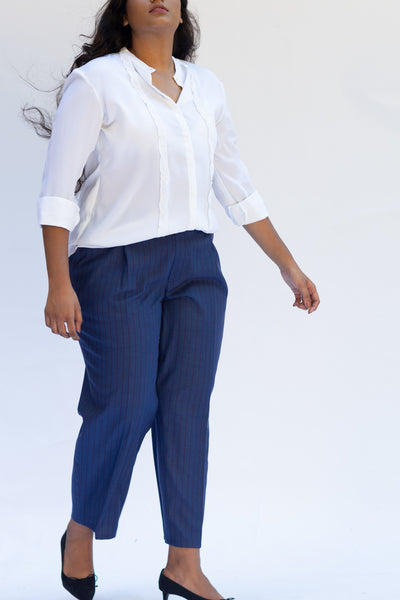 Cobalt Pinstripe Pleated Trousers with Belt
