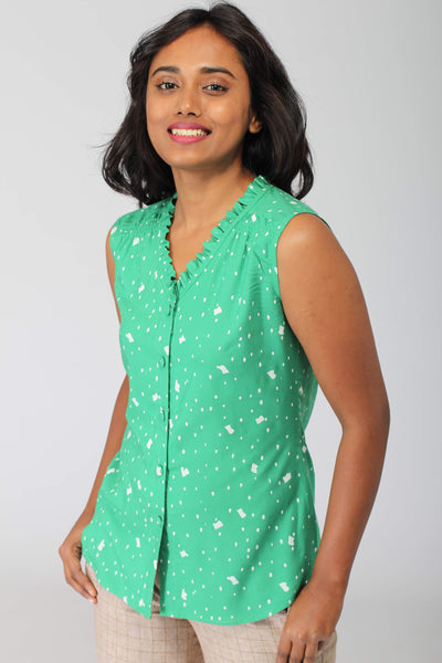 Green Snow Flowy Shirt with Ruffles