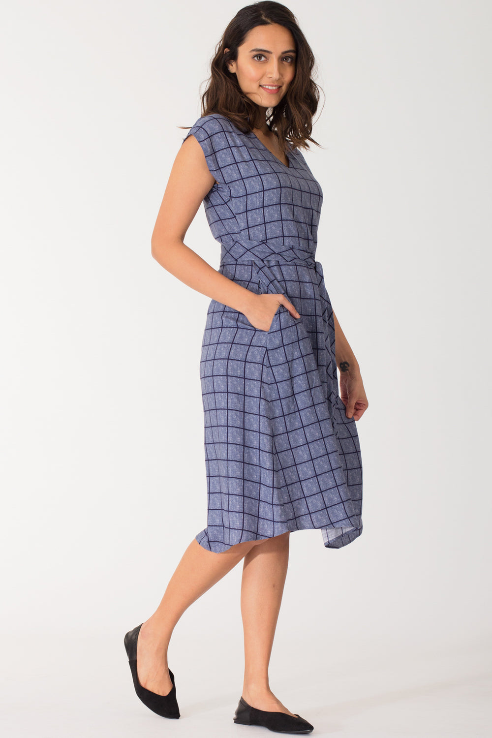 Nori Chequered Kimono Sleeve A line Dress