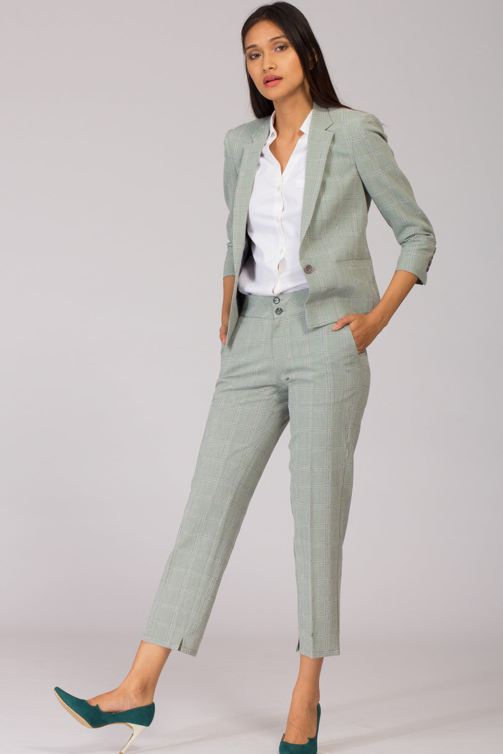 Light Green Check Semi Formal Blazer for Working Women. Shop for stylish business suits and professional looks at www.intermod.in