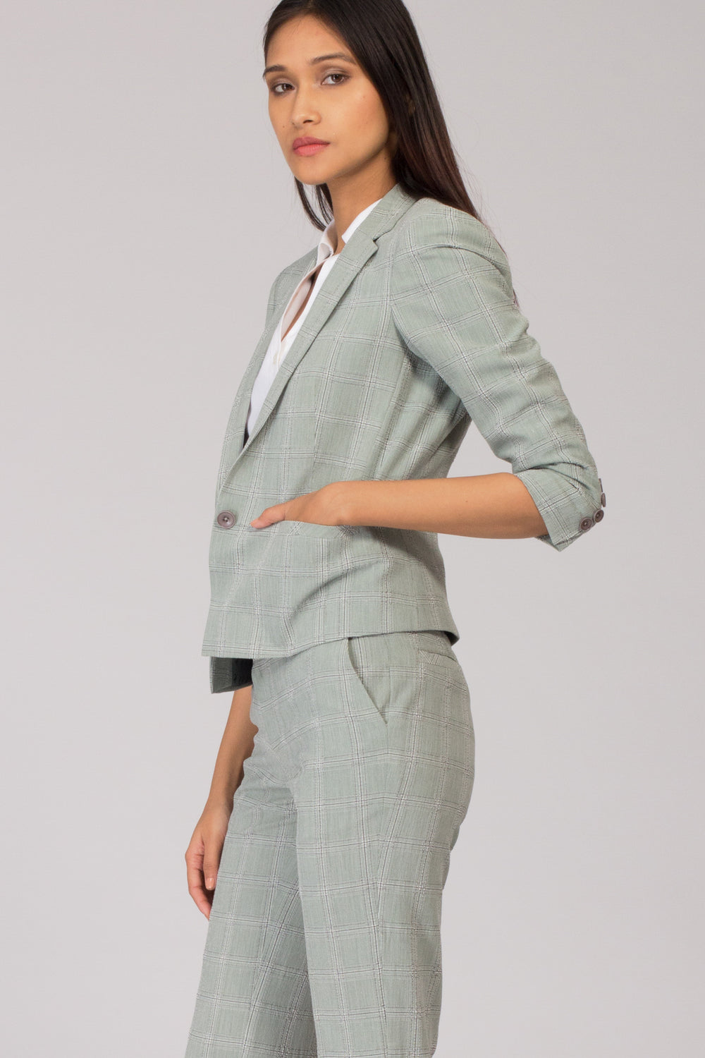 Light Green Check Semi Formal Blazer for Working Women. Shop for stylish business suits and professional looks at www.intermod.in