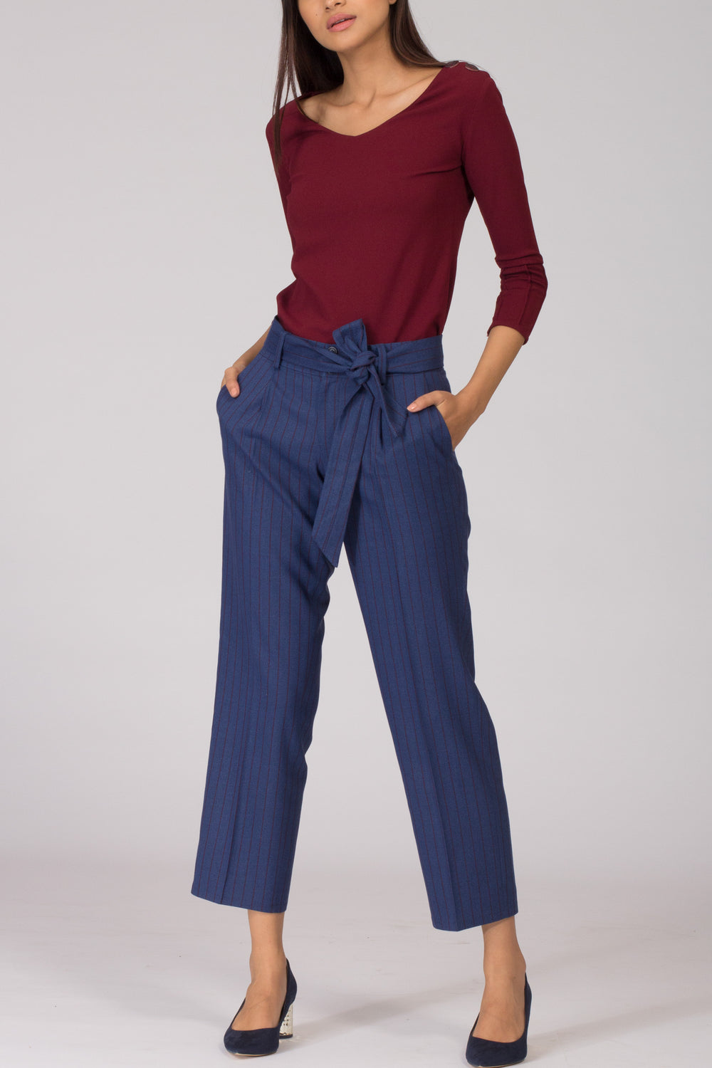 Cobalt Pinstripe Pleated Trousers with Belt