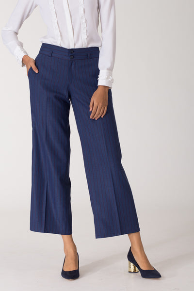Blue wide leg formal pants and trousers for office. Shop online for all sizes, plus size culottes , trousers, and formal palazzo pants at www.intermod.in