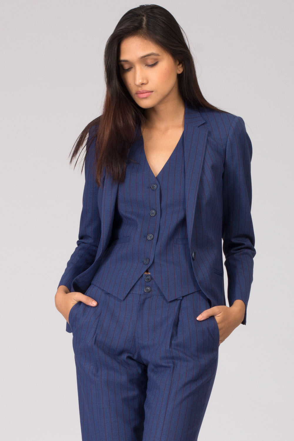 Blue Pinstripe Formal Blazer Pant Suits for Working Women. Shop for formal trousers, suits and workwear dresses at www.intermod.in