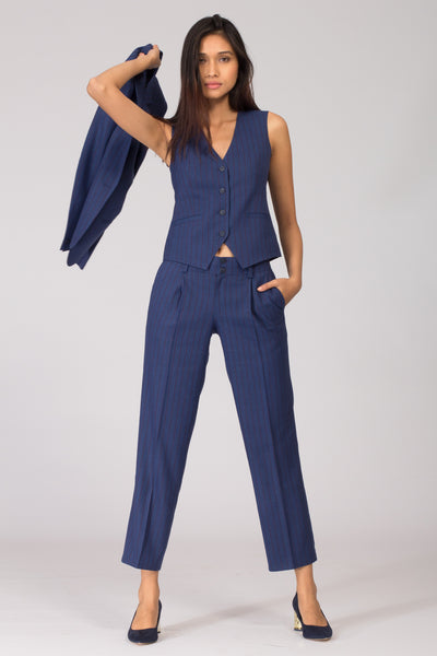 Blue Pinstripe Formal Blazer Pant Suits for Working Women. Shop for formal trousers, suits and workwear dresses at www.intermod.in