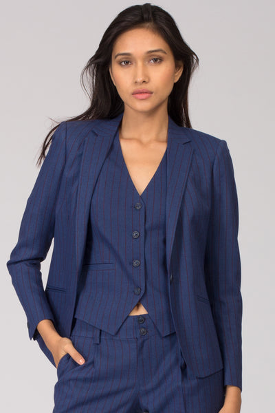 Blue Pinstripe Formal Blazer Pant Suits for Working Women. Shop for formal trousers, suits and workwear dresses at www.intermod.in